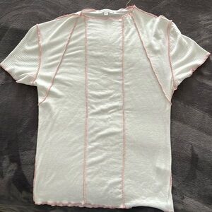 Anistar Short Sleeve Slight Cowl Neck White Pink Piping Detail Stretch Size S